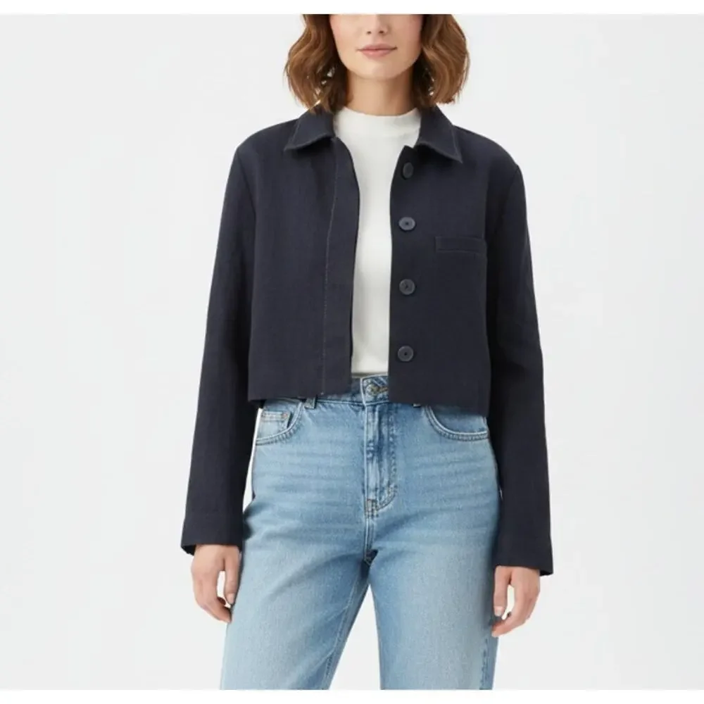 Zara Cropped Suit Jacket Coat Dark Blue Stretchy Denim Button Up Sz M